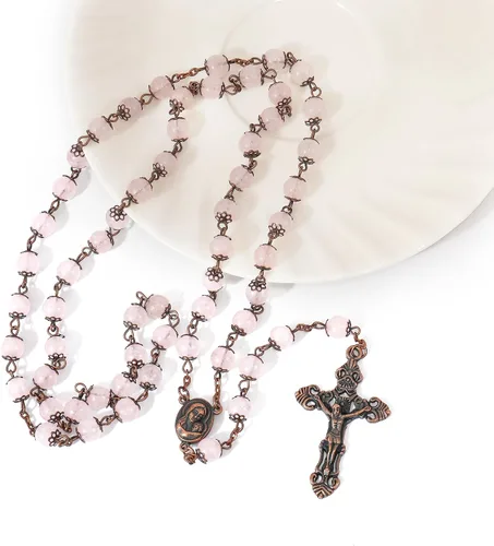 Miniatura 5 de Nazareth Store Rosario de diseño vintage con cuentas de piedra natural, collar de 0.315 in, medalla de suelo santo y cruz crucifijo rosarios