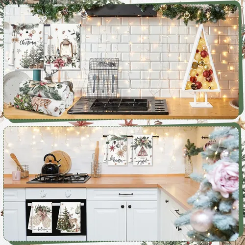 Miniatura 5 de FuWeave Toallas de Cocina Navideñas Beige Paños de Cocina con Árbol Navideño Toallas de Mano Decorativas Hello Winter Absorbentes Pelota de Guantes