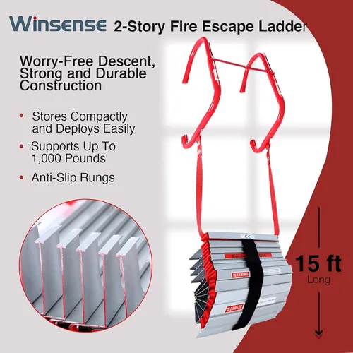 Miniatura 2 de Escalera retráctil de escape de incendios de 2 pisos, 15 pies con amplios escalones antideslizantes de aluminio portátil para adultos, salida