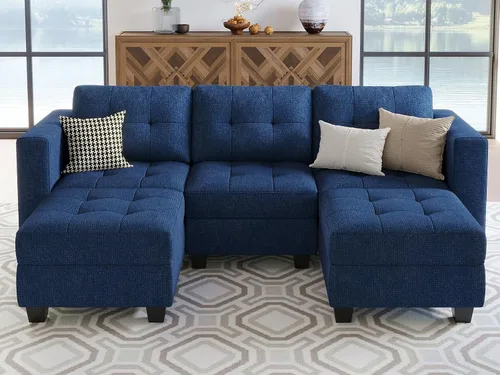 Miniatura 12 de Belffin Sofá modular modular con otomana de almacenamiento, sofá moderno en forma de L de tela con diván para espacios pequeños, azul
