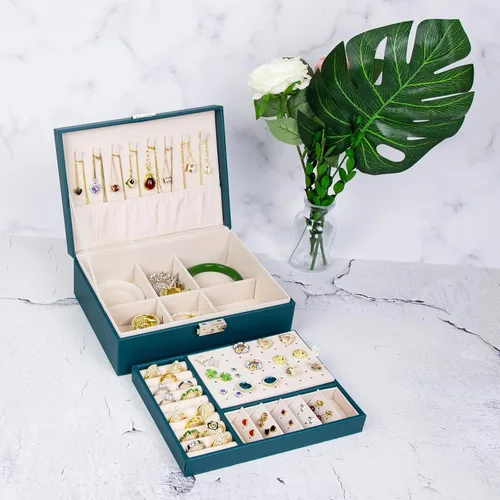 Miniatura 9 de SYCARON Joyero organizador para mujeres y niñas, estuche organizador de joyas de 2 capas, caja de almacenamiento de joyería de piel sintética