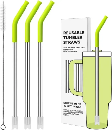 Miniatura 87 de Pajitas de metal rectas para vaso Stanley de 40 onzas, paquete de 3 popotes reutilizables de acero inoxidable con puntas de silicona y cepillo Gris