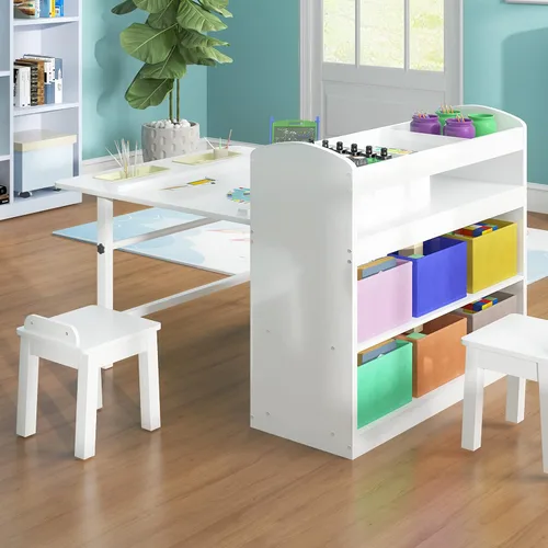 Miniatura 7 de Mjkone Juego de mesa de arte y 2 sillas para niños, juego de mesa de madera para niños con almacenamiento de suministros, contenedores de lona