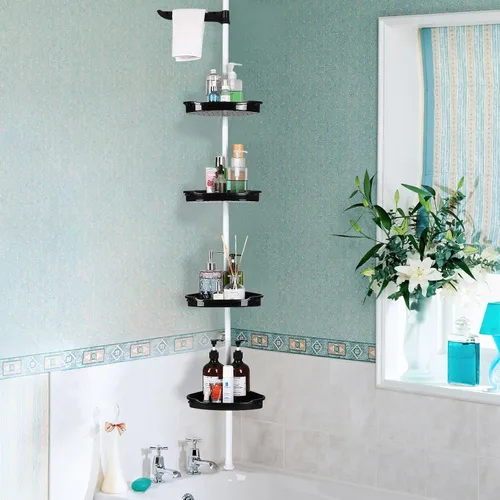 Miniatura 9 de Barra de tensión esquinera sin taladros, organizador de almacenamiento de baño resistente al óxido con estantes ajustables de 4 niveles