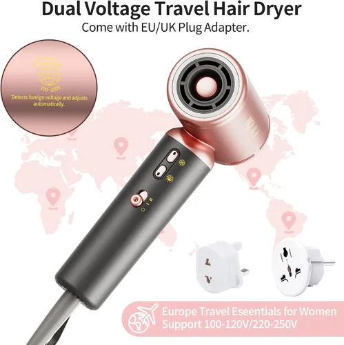 Miniatura 2 de Mini secador de pelo de viaje de doble voltaje (100 ~ 250 V) con adaptador de enchufe europeo para viajes internacionales, secador de pelo portátil