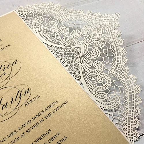 Miniatura 8 de 25 invitaciones de boda de 5 x 7 pulgadas con sobres, corte láser de encaje hueco con cintas elegantes, para boda, despedida de soltera, compromiso
