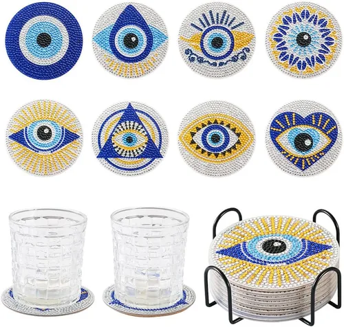 Miniatura 17 de FASHEWELRY 8 posavasos de arte de diamante con soporte para abejas, kit de posavasos de pintura de diamantes para bebidas, kits de arte de diamantes