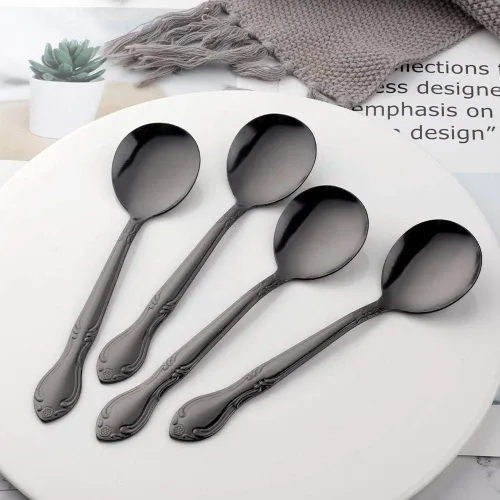 Miniatura 7 de Cucharas de sopa, cucharas redondas de acero inoxidable para caldo con borde de flor, juego de 12 piezas de acero inoxidable para café, azúcar