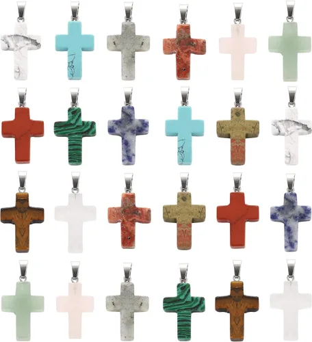 Miniatura 10 de Lezam - 24 piezas de colgantes en forma de corazón, luna y cruz de cristal curativo para hacer collares y joyas. Piedras naturales de cuarzo