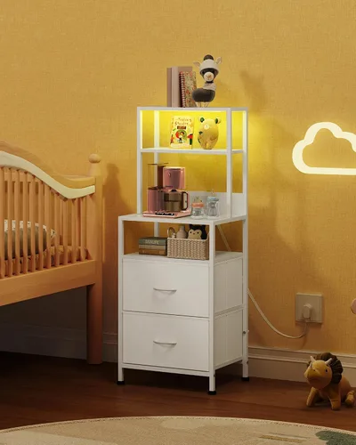Miniatura 2 de WLIVE Mesita de noche con estación de carga, mesita de noche LED con 2 cajones de tela y 4 estantes abiertos de almacenamiento, mesa auxiliar