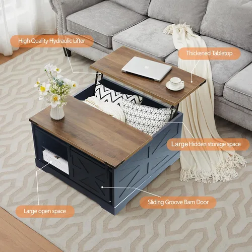 Miniatura 3 de Mesa auxiliar con tapa elevable, mesa de centro cuadrada de madera con puerta corrediza de granero y estante ajustable, mesa central rústica