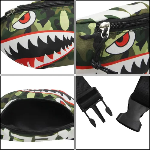 Miniatura 5 de Riñonera pequeña para niños y niñas, con diseño de tiburón de dibujos animados, para deportes, correr, bolsa de cintura, Camuflaje