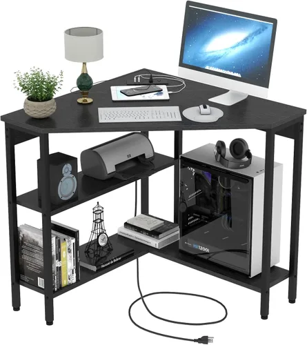 Auromie Escritorio esquinero con tomas y puertos USB, mesa de esquina triangular de 90 grados con soporte para CPU y estantes de almacenamiento para