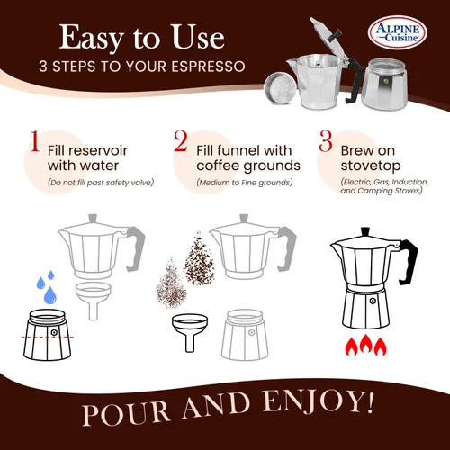Miniatura 6 de Alpine Cuisine Cafetera de café expreso para estufa, 12.5 onzas, 9 tazas de expreso, olla moka para cafetera clásica italiana y cubana, olla moka