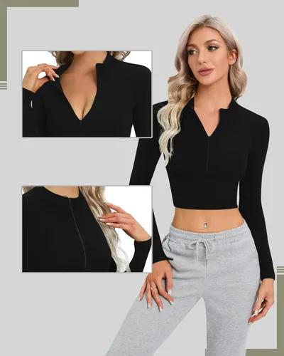 Miniatura 5 de CLOZOZ Camiseta corta de manga larga con forro polar para mujer, cuello alto falso para mujer, sexy, con cremallera, camisetas térmicas recortadas