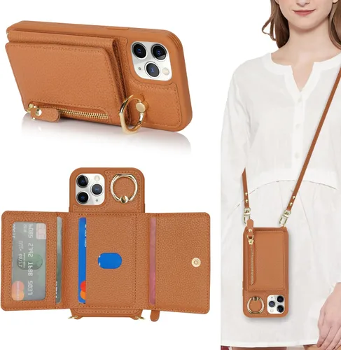 Funda para iPhone 11 Pro con tarjetero para iPhone 11 Pro, funda tipo cartera para mujer con correa cruzada con cordón, anillo de soporte, funda de