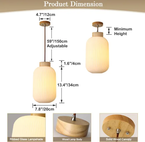 Miniatura 2 de Luces Colgantes Modernas de Mediados de Siglo para Isla de Cocina, Lámpara Colgante Grande de Vidrio Lechoso Acanalado, Accesorio de Iluminación