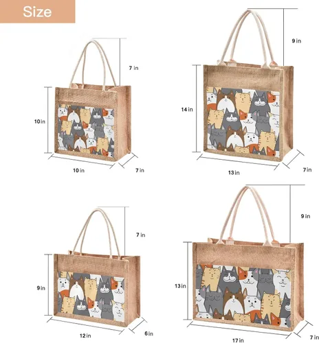 Miniatura 2 de CaTaKu Divertida bolsa de yute con asas y cremallera para gatos, bolsa de arpillera reutilizable con bolsillo frontal de lona, regalo para bodas, 12