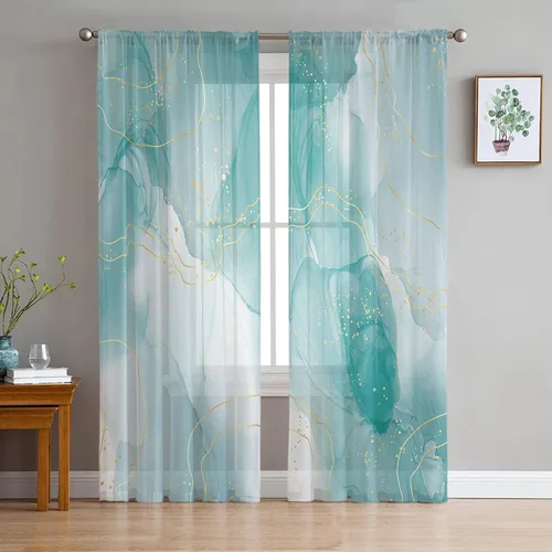 Sheer Curtains 63 Inch Long Teal Marble Golden Lines Modern Ombre Abstract Rod Pocket Voile Semi-Sheer Window Treatment Drapes for Bedroom Nursery