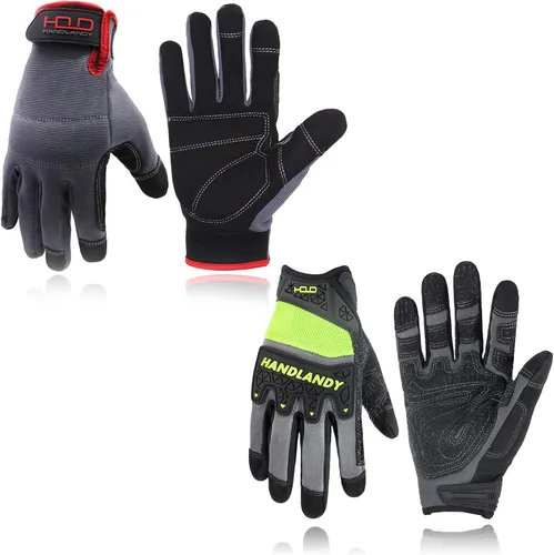 HANDLANDY Paquete – 2 pares de guantes de trabajo para mecánico utilitario y guantes de trabajo de agarre resistentes a los impactos, talla M
