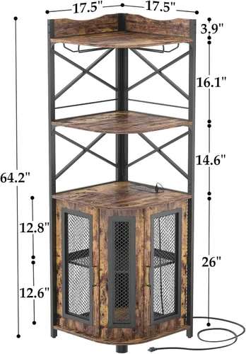 Miniatura 3 de Aheaplus Mueble Bar de Esquina con Toma de Corriente, Gabinete Industrial para Vino con Tira LED y Portavasos, Gabinete de Licores de 5 Niveles
