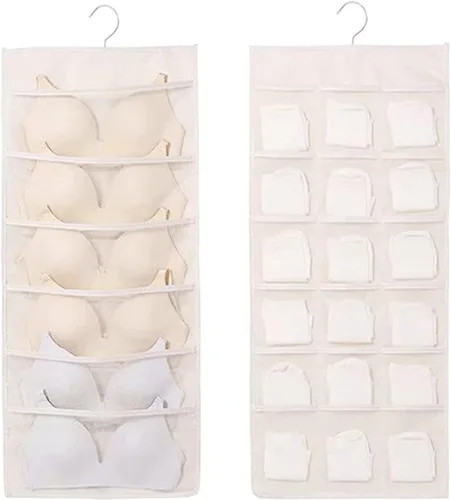 Miniatura 9 de Organizador de almacenamiento colgante para brasier y ropa interior, bolsillos de malla, estantes de pared de doble cara, bolsa ahorradora de Rosa