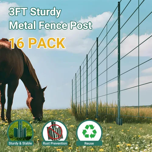 Miniatura 2 de Postes de valla de metal de 3 pies, paquete de 16 postes verdes resistentes en U, postes en T sin cavar para vallas, malla de alambre, perfecto