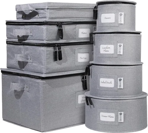 Miniatura 11 de Juego de 8 cajas de almacenamiento de China para vajilla, vasos, platos, tazas y platillos, organizador de platos resistente con divisores para Beige