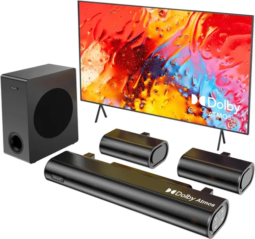 Hiwill Barra de sonido de 5.1 canales, con subwoofer grande de 5.25 pulgadas, sistema envolvente Dolby Atmos, 2 altavoces traseros con cable barra