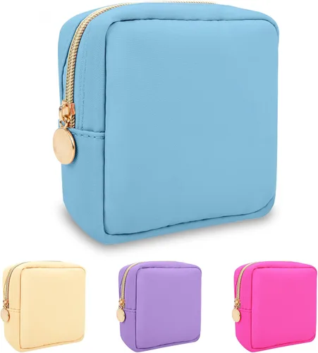 Miniatura 112 de izuzta Bolsa de maquillaje pequeña de nylon para bolso, linda bolsa de cosméticos con cremallera, bolsa de maquillaje preppy, Azul, Mini 2-Azul