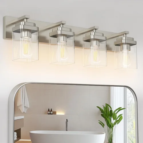 Miniatura 26 de Lámparas de baño de oro cepillado, 4 luces de baño sobre el espejo, diseño cuadrado y placa trasera grande rectangular, accesorios de iluminación