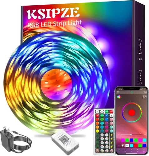 KSIPZE Luces LED para dormitorio, tira de luces LED de 65.6 pies con control remoto RGB que cambia de color, sincronización de música, Bluetooth,