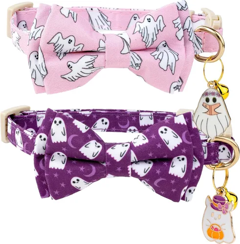 Miniatura 13 de Faygarsle Paquete de 2 bonitos collares de gato de temporada para Halloween y otoño, collar separable con cascabeles, corbatín, bonitos patrones