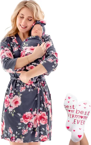 Miniatura 12 de ECO BABY - Conjunto de bata y manta para mamá y yo Bata de maternidad y conjunto de bebé a juego para niña, niño Parto hospitalario y parto