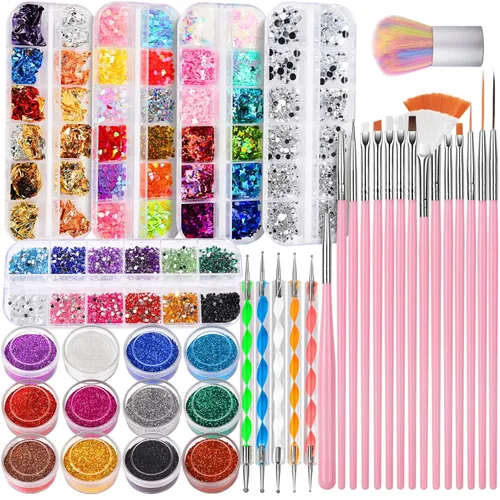 FANDAMEI Kit de arte de uñas, Juego de pinceles de uñas, Kit de diseño de uñas, herramientas de punteado de uñas, purpurina fina para uñas,