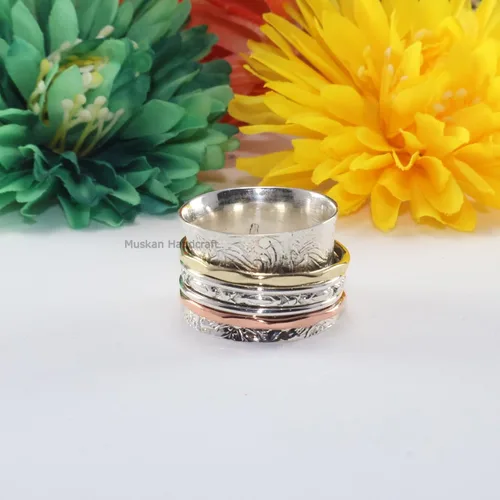 Miniatura 7 de Solid 925 Sterling Silver Flower Floral Three Tone Hammered Meditation Spinner Ring For WomenGirls