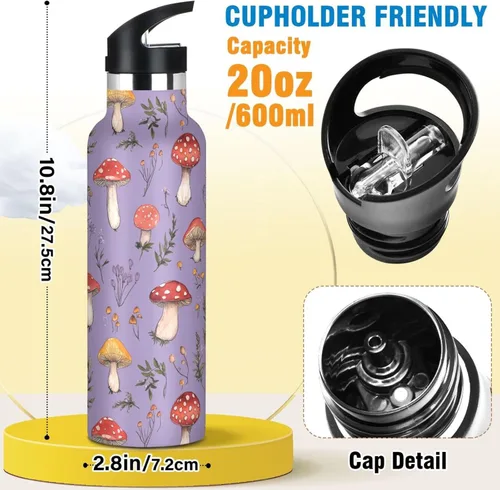 Miniatura 2 de Red Mushrooms Termitomyces Albuminosus Purple Double Wall Vacuum Insulated Bottles Water Bottles With Straws Leak-proof BPA-Free Leak Proof for Gym