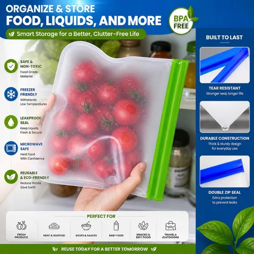 Miniatura 6 de Paquete de 10 bolsas extra gruesas de silicona reutilizables para almacenamiento de alimentos, 3 pequeñas, 4 medianas, 3 bolsas grandes con cierre