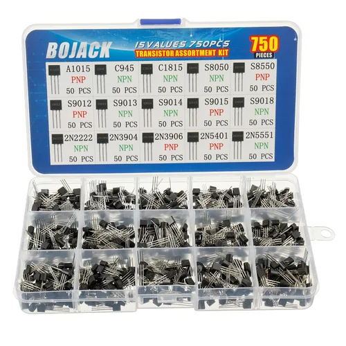 BOJACK 15 valores 750 piezas A1015 C945 C1815 S8050 S8550 S9012 S9013 S9014 S9015 S9018 2N2222 2N3904 2N3906 2N5400 1 2N5 551 PNP NPN Power Kit