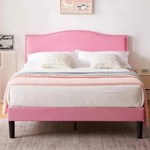 Miniatura 17 de VECELO Base de cama tamaño Queen, base de cama de plataforma con cabecera tapizada de altura ajustable, marcos resistentes y fuerte soporte