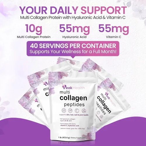 Miniatura 5 de Polvo de péptidos de colágeno múltiple, 1 libra de colágeno en polvo, tipo I, II, III, V, X con biotina, ácido hialurónico, vitamina C, proteína