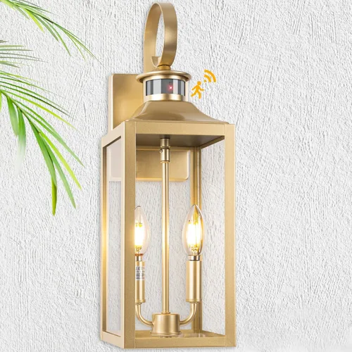 Luz de exterior con sensor de movimiento dorada de 20 pulgadas, gran lámpara de iluminación al aire libre del atardecer al amanecer, lámpara de