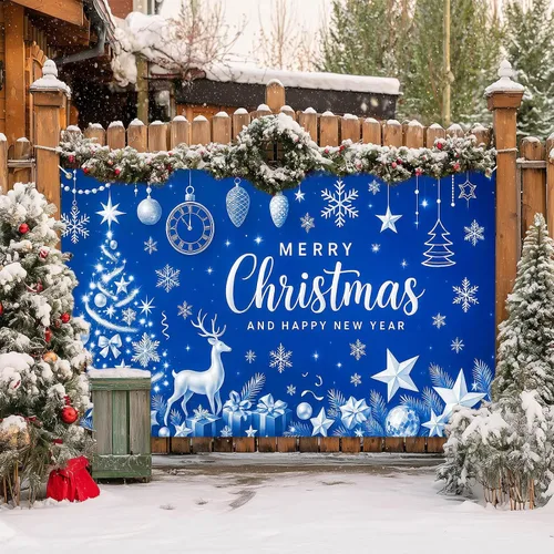 Miniatura 7 de HOMETITUTE Cartel de Navidad de 71 x 43 pulgadas, fondo azul de fotografía de invierno, copo de nieve, árbol de copo de nieve, fondo de fiesta