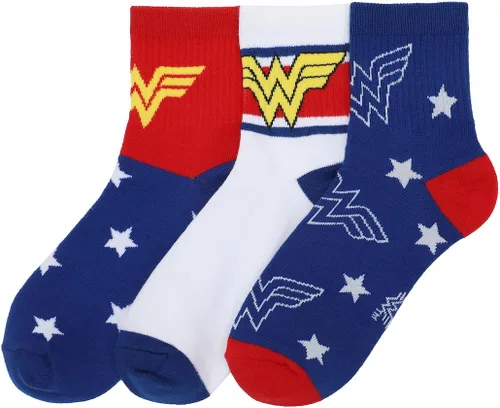 Bioworld Paquete de 3 calcetines deportivos con logotipo de Wonder Woman, color rojo, blanco y azul, paquete de 3 unidades, Multi colorido