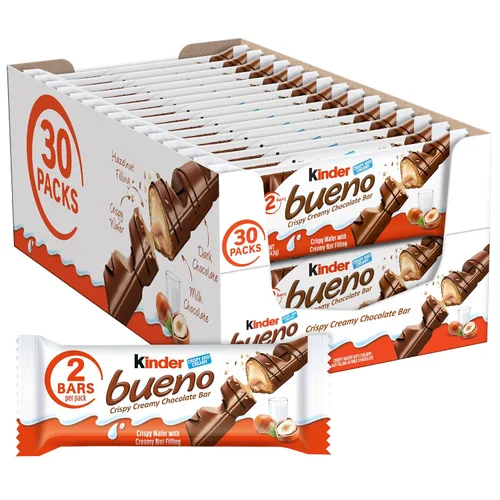 Kinder Bueno Crema de chocolate con leche y avellanas, paquete de 30 unidades, 2 barras de chocolate envueltas individualmente por paquete, 1.5