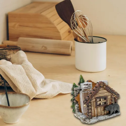 Miniatura 5 de BestGiftEver Juego de saleros y pimenteros con soporte, diseño de oso y cabaña para cocina estilo cabaña, decoración rústica de poliresina