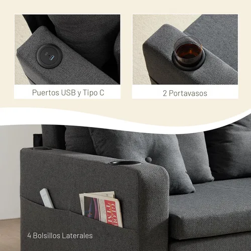 Miniatura 6 de Krcix Sofá cama 3 en 1, sofá cama convertible de 56 pulgadas, sofá biplaza con portavasos, USB, sofá para sala de estar, dormitorio, apartamento