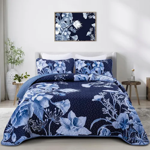 Miniatura 9 de Juego de colcha floral tamaño Queen de 3 piezas, juego de colcha con estampado floral rojo suave de microfibra ligera, cubrecama acolchado negro