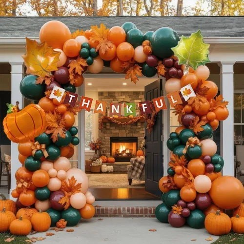 Decoraciones de Fiesta de Acción de Gracias con Colores Otoñales Rojo Rubí Naranja Quemado Amarillo Verde Salvia Kit de Guirnalda de Globos y Globos