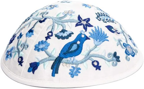 Yair Emanuel Kipá Yarmulkes & Sombrero Yemenita Judaica Bordado Kipá Azul Flores y Pájaros (Paquete)